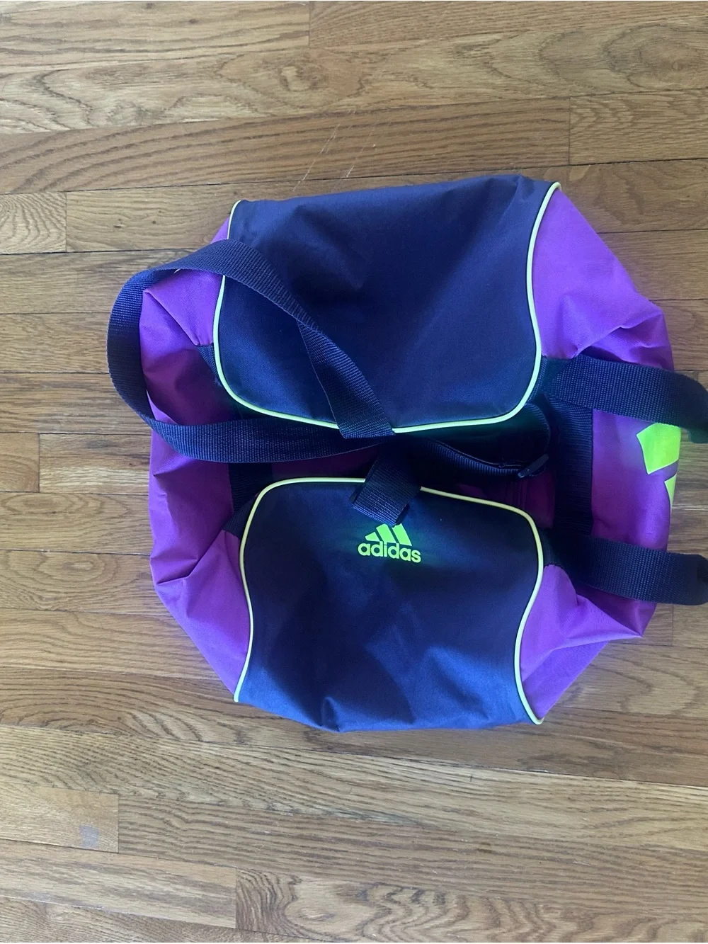 adidas Purple Duffel with Neon Yellow Logo and Trim
